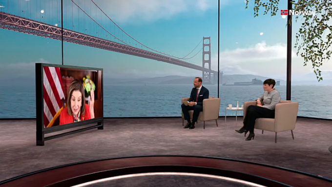 A virtual meeting in San Francisco: Speaker of the US House of Representatives Nancy Pelosi, Crown Prince Haakon and Minister of Foreign Affairs Ine Eriksen Søreide. Screen shot from broadcast.   
